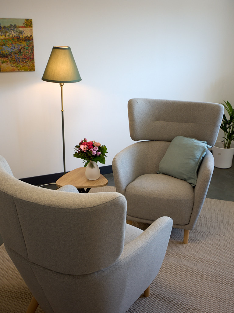 Foto aus der Praxis mit zwei sich gegenüberliegenden Sesseln und einem Beistelltisch mit einer Blumenvase.